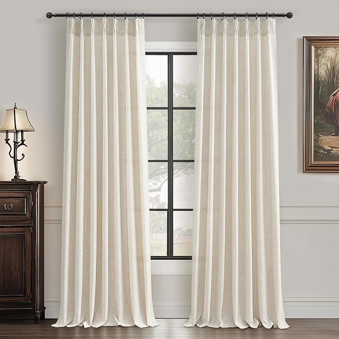 PleatedDrapes 102 Inch Long Curtains for Living Room, Light Filtering Privacy Pinch Pleated Curtain Back Tab for Track System Semi Sheer Drapes Cream Ivory Faux Linen Textured 40" W x 102" L 2 Panels