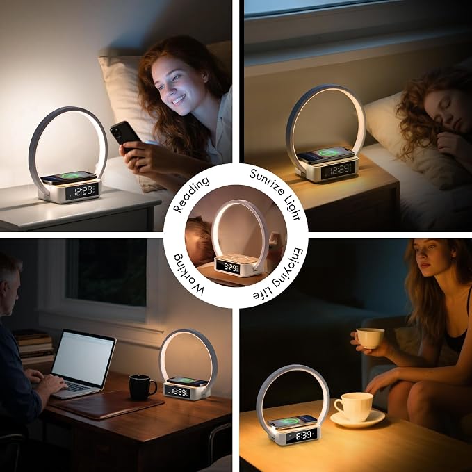 WILIT Bedside Lamp with Alarm Clock, Sunrise Wake-up Light, Wood Grain - Image 8