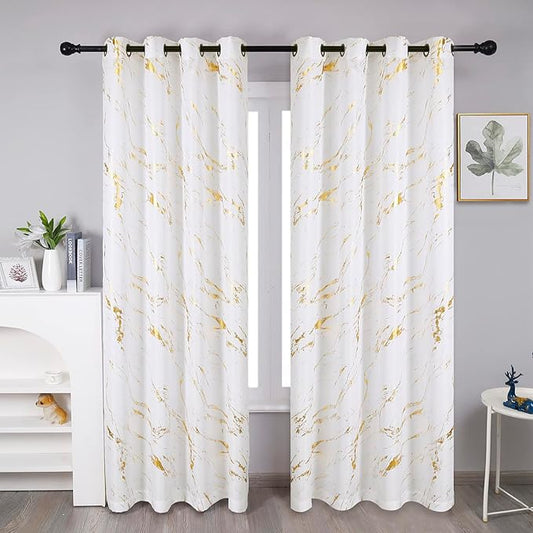 Taisier Home Gold Foil Print Linen Textured Curtains - Geometric Marble Pattern Design for Living Room - Light Filtering Window Treatment, 2 Panels, 95" L, Off White and Gold