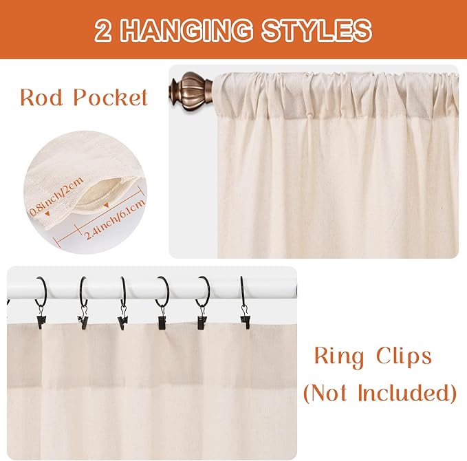 ASPMIZ Boho Linen Kitchen Curtains 36 Inch Length, Farmhouse Kitchen Window Curtain Over Sink, Orange Stripe Short Curtains for Small Windows, Bathroom, Rod Pocket Window Treatment Tiers with Button