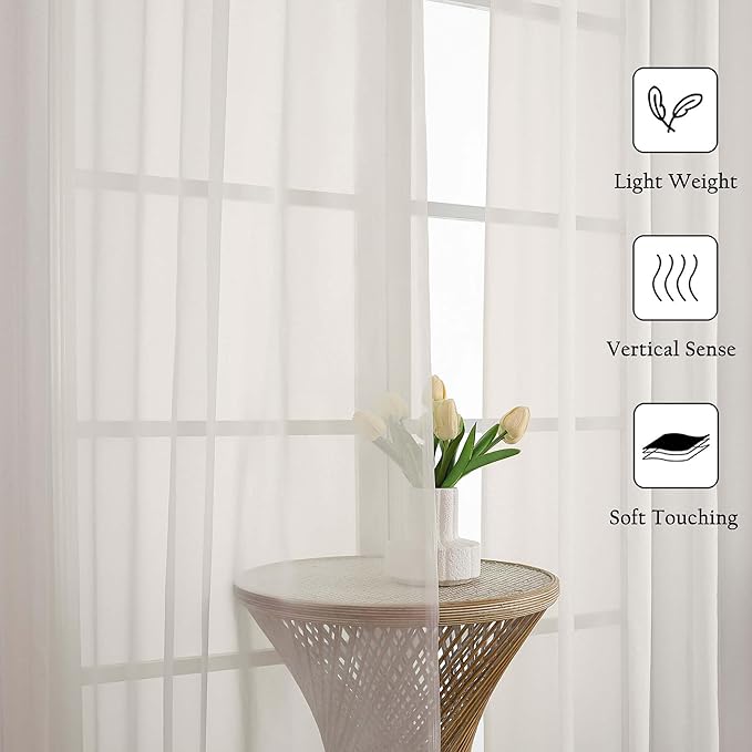 Lecloud Ivory Sheer Curtains 96 Inches Long 2 Panels Set, Solid Airy Voile Dual Rod Pocket Sheer Curtains, Elegant Light Filtering Window Curtain Drapes for Living Room Bedroom Garden, 59" W x 96" L