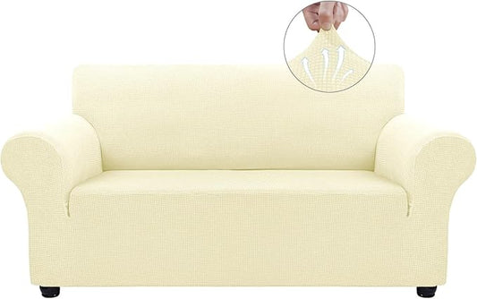 Asnomy Sofa Covers for 2 Cushion Couch Stretch loveseat Covers Slipcovers, Pet Protector Furniture Covers for Dogs Cats Spandex Jacquard Fabric Small Checks （Medium，Off-White）