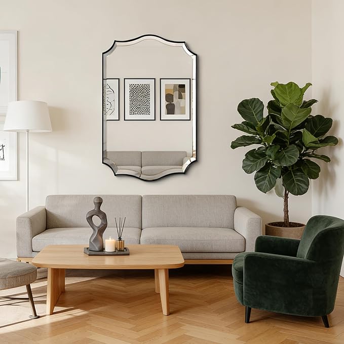 POZINO Rectangle Beveled Mirrors, 24"x40" Modern Vanity Mirror for Over Sink, Matte Black Scalloped Mirrors for Wall, Irregular Wavy Shaped Mirror for Bathroom Living Room Bedroom Fireplace Entryway