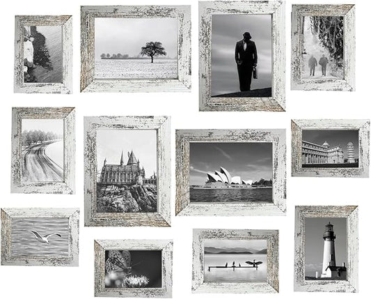 12 Pack Picture Frames Collage Wall Decor Gallery Wall Frame Set with Four 8x10,Four 5x7,Four 4x6 Photo Frames,Farmhouse wood Frames for living room Wall Gallery Decor or Tabletop Display,Rustic White