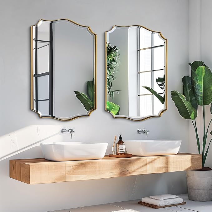 POZINO Scalloped Beveled Mirror, 22"x30" Modern Bathroom Vanity Mirrors for Over Sink, Brushed Gold Rectangle Wavy Mirror for Living Room Bedroom Entryway Fireplace, Hangs Vertically or Horizontally