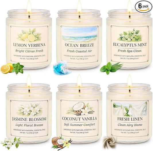 Scented Candle Gift Set, 6 Pack 7oz Natural Soy Wax Aromatherapy Candles, Coconut Vanilla Lemon Verbena Fresh Linen Scents, Long Burning Candles for Home Relaxation & Gifting