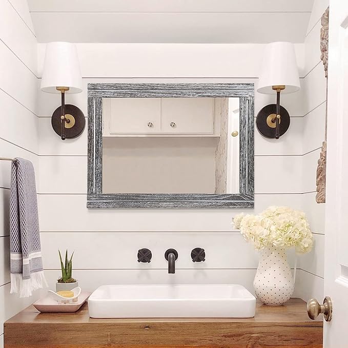 AAZZKANG Rustic Mirror Large Wood Framed Wall Mirror 70 x 50cm Rectangle Bedroom Bathroom Farmhouse Vanity Mirror