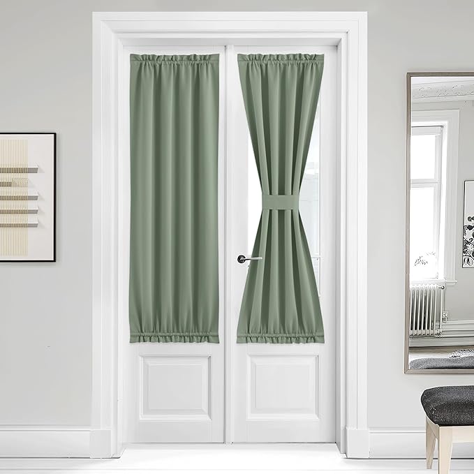 NICETOWN Greyish Green Insulated Door Curtain, Thermal Insulated French Curtain Rod Pocket Window Treatment for Sliding Door with Adjustable Tieback Elegant Christmas Decor, 36 x 64 inches, 1 Panel
