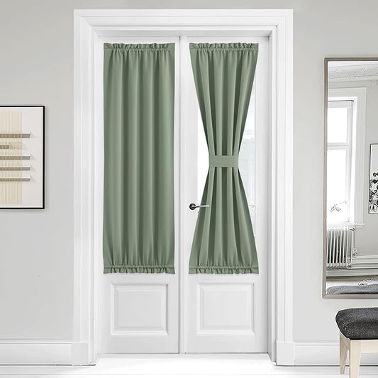 NICETOWN Greyish Green Insulated Door Curtain, Thermal Insulated French Curtain Rod Pocket Window Treatment for Sliding Door with Adjustable Tieback Elegant Christmas Decor, 36 x 64 inches, 1 Panel