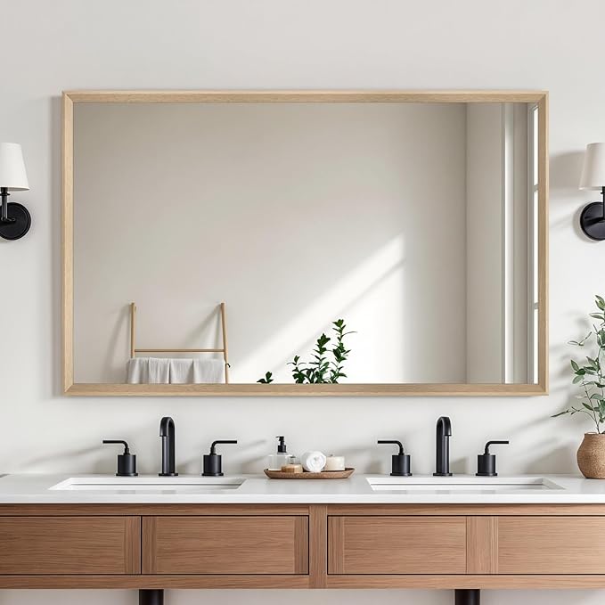 Oak Wood Effect Framed Wall Mirror, 30x48 Rectangle Mirror, Anti-desilvering Tempered Glass, Sustainable& Sturdy Frame, Farmhouse Mirror, Anti-Rust, 3min Fast Setup for Bathroom Living Room