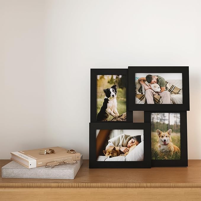 Egofine 4x6 Collage Picture Frames, Made of Solid Wood, Family Picture Frame Display Four 4x6 Photos, Covered by Plexiglass for Wall Hanging and Tabletop, Black