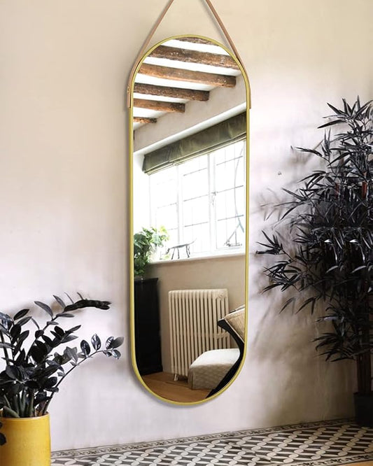 OGCAU 48'' x 16'' Full Length Mirror Wall-Mounted, Full Body Hanging Mirror for Wall and Door in Bedroom, Living Room, Oval with Straps, Hanging with Aluminum Alloy Frame (Oval Gold)