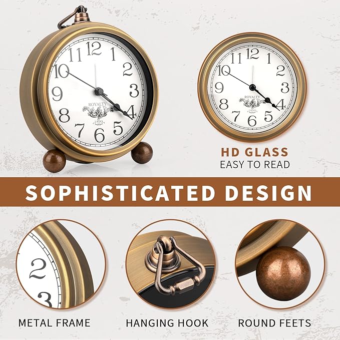 Maxspace Metal Golden Table Clock, Retro Vintage Non-Ticking Small Alarm Clock,Battery Operated Silent Quartz Movement HD Glass Desk Clock for Bedroom Living Room Indoor Decoration Kids?€? (Arabic2)