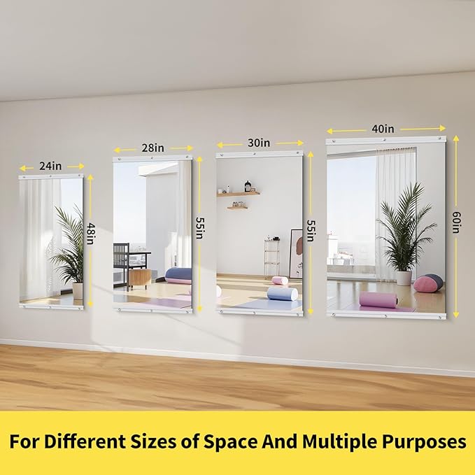 Home Gym Mirror - 55x28 Inch, 1PCS Frameless Tempered Glass Full Body Mirror for Wall Mount - Ideal for Yoga, Workout, Bedroom, Dance Studio (Silver)