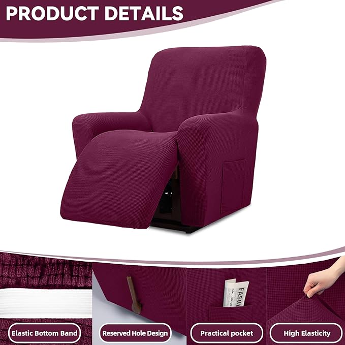 Cupuamon Recliner Chair Covers,Lazy Boy Recliner Covers Stretch Reclining Covers 1 Piece Furniture Protector with Elastic Bottom for Dog,Kids-Wine