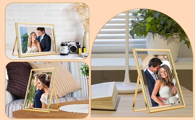 Gold 8x8" Floating Frame 2 Pack for Photo size(5x5'',6x6'' 8x8''),Adjustable Tabletop/Shelf floating Picture Frame,Classy Metal Gift Frames for Wedding,Thanksgiving,Christmas,Birthady,Home or Office Decor.