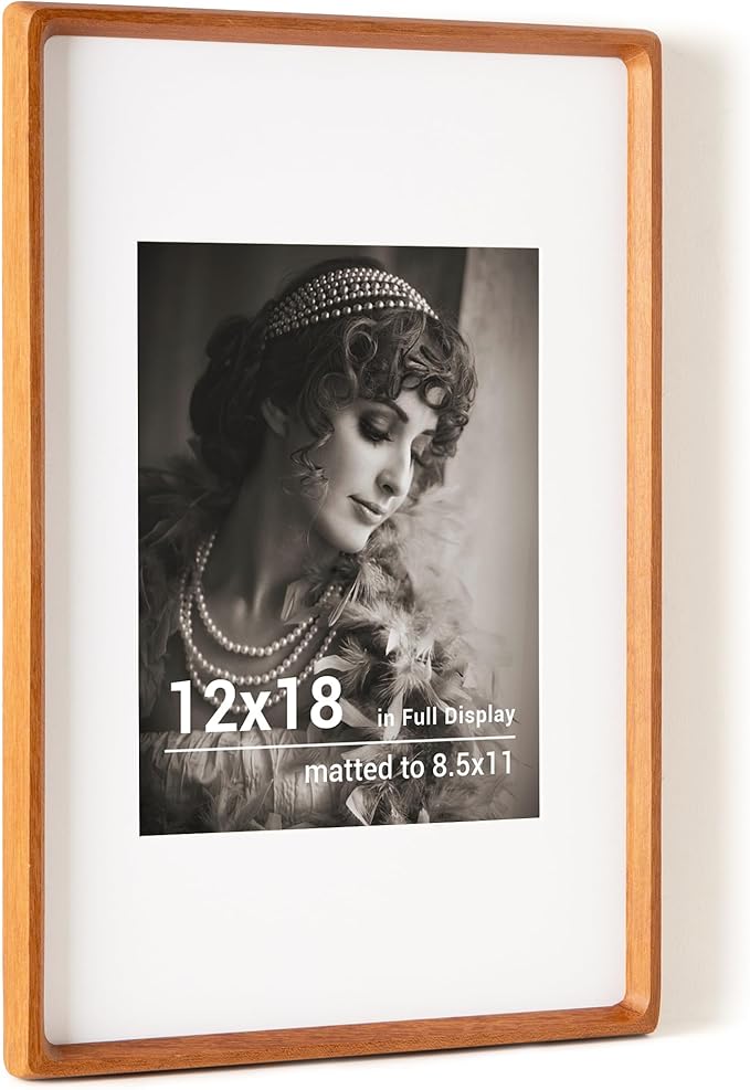12x18 Poster Frame, USA-Sourced Teak Wood Picture Frame with HD Tempered Glass, Handcrafted Rounded Corner 12 x 18 Wooden Frames Matted to 8.5x11 Photos, Horizontal or Vertical Wall Display