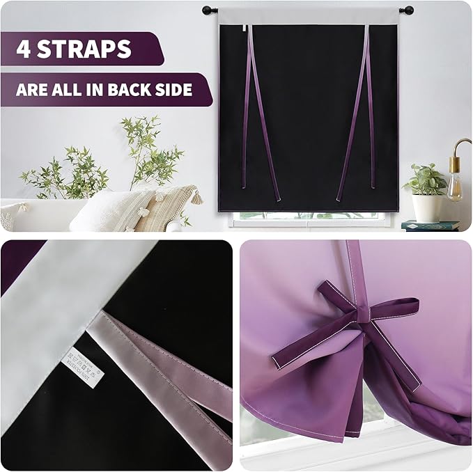 COSVIYA 100% Blackout Ombre Purple Adjustable Tie Up Curtains for Kitchen Thermal Insulated Room Darkening Valance Rod Pocket Balloon Roman Shade for Small Window,48" L x 34" W, 1 Panel