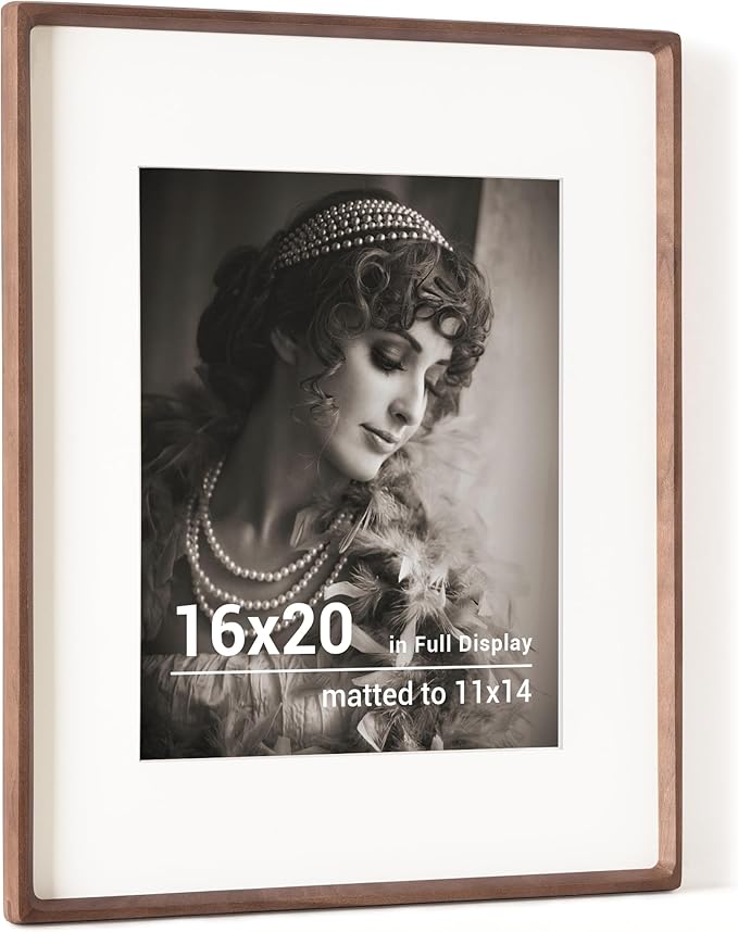 16 x 20 Picture Frame, USA-Sourced Walnut Wood Photo Frames with HD Tempered Glass, Handcrafted Rounded Corner 16x20 Wooden Frames Matted to 11x14 Photos, Horizontal or Vertical Wall Display