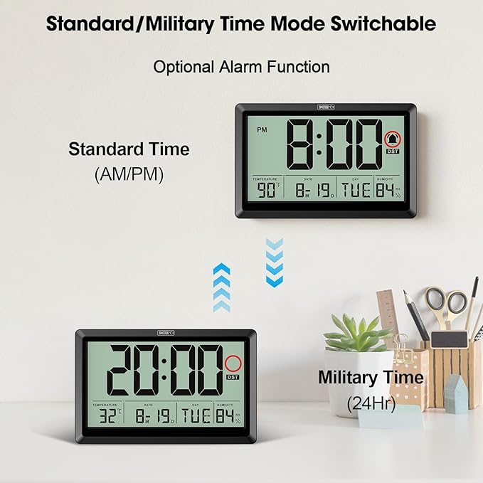 10.4'' Digital Wall Clock Battery Operated with Date/Temp/Week, Touch Snooze Function, Alarm, Temperature & Humidity - Easy to Read and Set, Auto DST
