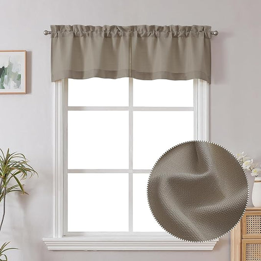 Chyhomenyc Stone Beige Valance for Windows, Faux Linen Slub Textured Semi Sheer Small Window Kitchen Valance Curtain, Rod Pocket Cafe Valance for Bathroom Laundry Basement, 30Wx14L inch, 2 Piece