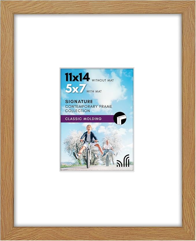 Americanflat 11x14 Picture Frame with Shatter-Resistant Glass - Use as 5x7 Frame with Mat or Display 11x14 Photo Without Mat - Signature Collection - Picture Frames for Wall Display - Dark Oak