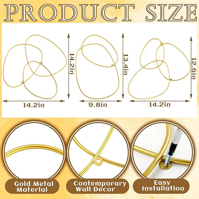 Hicarer 3 Pcs Interlocking Rings Wall Sculpture Gold Metal Home Wall Decor Abstract Aesthetic Gold Decoration for Art Bedroom Living Room Bathroom Home(Circle)
