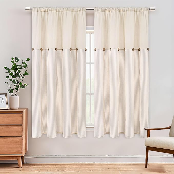 ASPMIZ Farmhouse Living Room Curtains Boho, Country Linen Curtains with Rustic Buttons, Rod Pocket & Back Tab Lake Khaki Curtain for Bedroom Window Curtain Home Decor, 52 x 63 Inch, 2 Panels