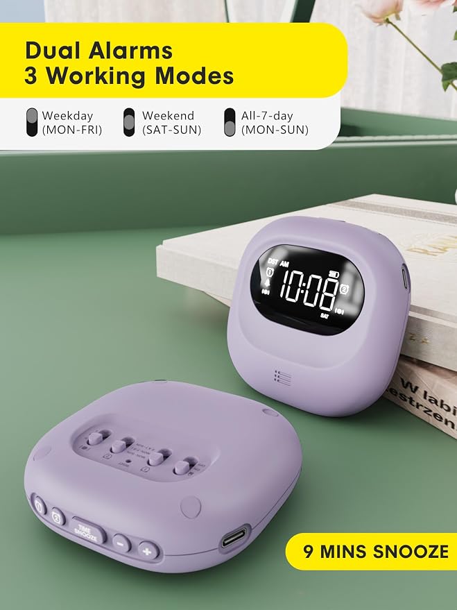 Vibrating Alarm Clock Rechargeable 3000mAh Battery Travel Clock Purple - Image 5