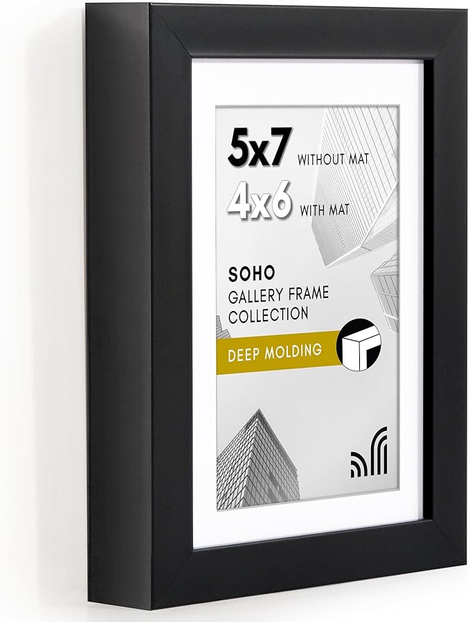 Americanflat 5x7 Picture Frame with Shatter-Resistant Glass - Use as 4x6 Frame with Mat or Display 5x7 Photo Without Mat - Soho Collection - Deep Molding Picture Frames for Tabletop or Wall - Black
