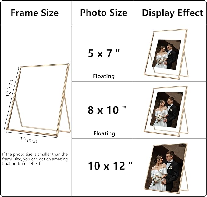 Gold 10x12 Floating Frame 2-Pack for Photo Sizes(7x9''8x10'',8.5x11''),Adjustable Tabletop/Shelf Floating Picture Frame 8x10'',Classy Gift Choice for Wedding,Christmas,Home or Office Decor