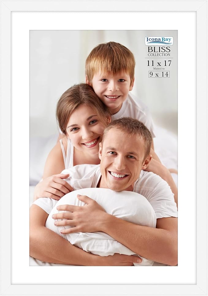 Icona Bay - 11x17 White Picture Frame Fits 10x16 Photos with Mat to 9x14 Image - Modern Style Engineered Wood Poster Frame - Wall Mount Only - Bliss Collection