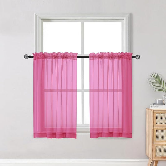 OWENIE Short Hot Pink Sheer Curtains 36 Inch Length 2 Panels Set, Kitchen Tiers Curtains Light Filter Rod Pocket Voile Cafe Curtain for Basement Bathroom Small Half Window, 42" W x 36" L, Hot Pink