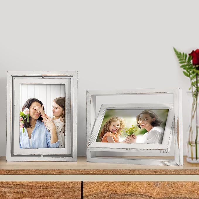 Egofine 2 Pack 5x7 Rotating Floating Picture Frames,Double-Sided Display with HD Glass Front Wooden Distressed Frame for Vertical or Horizontal Tabletop Display, White