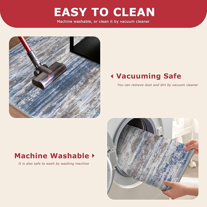 KOZYFLY Modern Abstract Washable Rug Runner 2.6x18 Hallway Rug Runner Non-Slip Soft Kitchen Runner Rugs, Blue Rust Striped Carpet for Entryway Bathroom Laundry Room Foyer