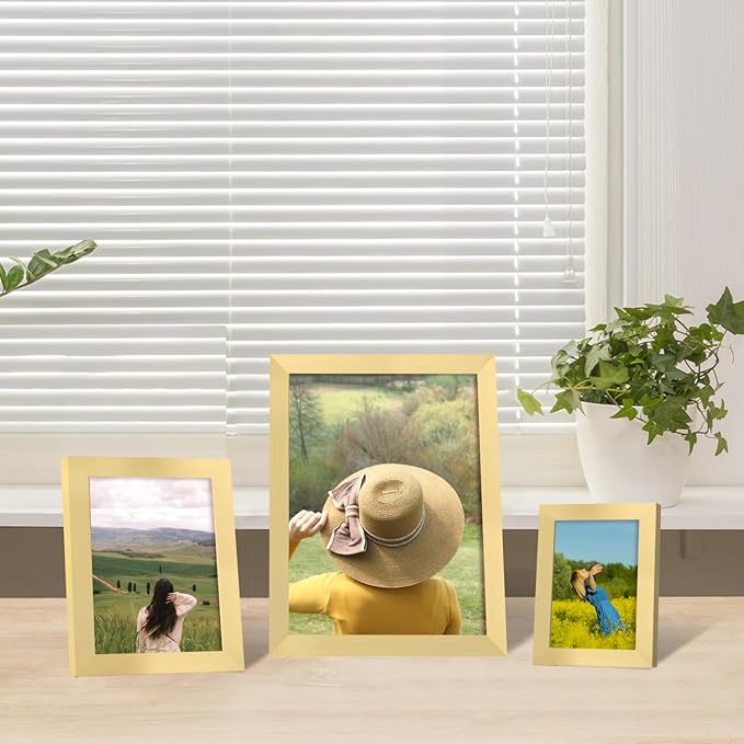 iRahmen Collage Picture Frames Set of 10, Wall Decor for Mounting or Tabletop Display, Family Photo Gallery Frame Set - Multi Sizes Including Two 8x10, Four 5x7, Four 4x6, HD Glass, Wooden, Gold