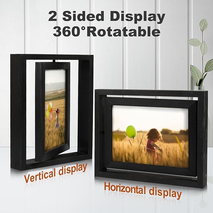 Egofine 2 Pack 6x8 Rotating Floating Picture Frames,Double-Sided Display with HD Glass Front Wooden Distressed Frame for Vertical or Horizontal Tabletop Display, Black