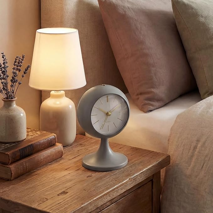 Analog Alarm Clock, Mid-Century Modern Desk Clock, Silent Non-Ticking Quartz Table Clock with Gold Hands, Battery Operated Decorative Clock for Bedroom, Office, Living Room (Grey)