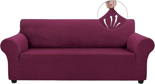 Asnomy Couch Covers for 3 Cushion Couch Stretch Sofa Covers Slipcovers, Pet Protector Furniture Covers for Dogs Cats Spandex Jacquard Fabric Small Checks （Large，Wine Red）