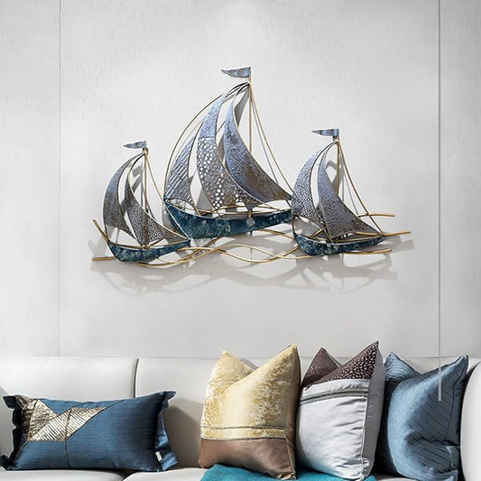 WANGLE Metal Sailboat Wall Decor, 3D Nautical Ship Wall Sculptures, 34.02" L x 21.26" H Handmade Coastal Beach Sailboat Wall Art Decor School Home Hotel Living Room Bedroom Dining Room,A