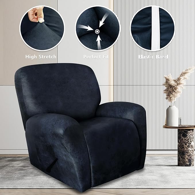ANARACHON Leather Like Recliner Chair Covers Heavy Duty, 4 Pieces Recliner Cover for Recliner Chair, Leather Cover for Recliner slipcovers Washable for Pets (Navy)