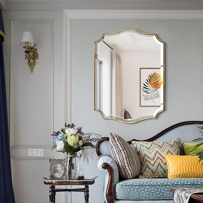POZINO Scalloped Beveled Mirror, 22"x30" Modern Bathroom Vanity Mirrors for Over Sink, Brushed Gold Rectangle Wavy Mirror for Living Room Bedroom Entryway Fireplace, Hangs Vertically or Horizontally