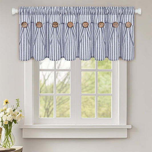 ASPMIZ Farmhouse Valances for Windows, Cotton Linen Kitchen Curtains Valances with Rustic Buttons, Blue Striped Window Valance for Living Room, Boho Valance Curtains for Bathroom, 52 x 18 Inches