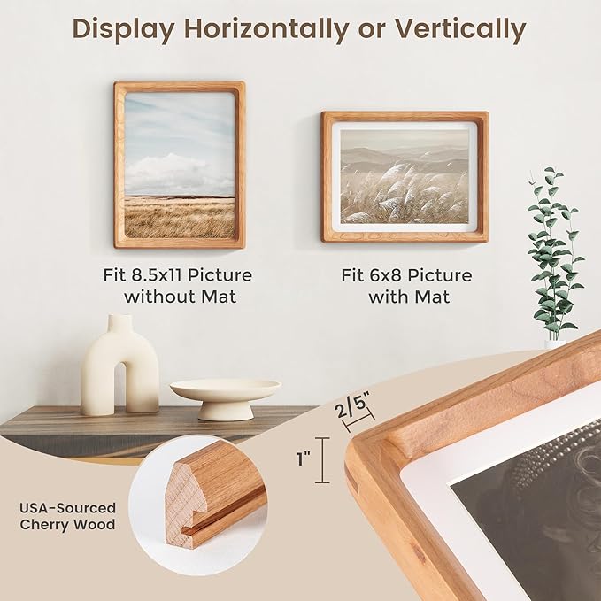 8.5 by 11 Picture Frame, USA-Sourced Cherry Wood Photo Frame with HD Tempered Glass, Handcrafted Rounded Corner 8.5 x 11 Wooden Picture Frames Matted to 6x8 Photos, Tabletop or Wall Display, 2 Pack