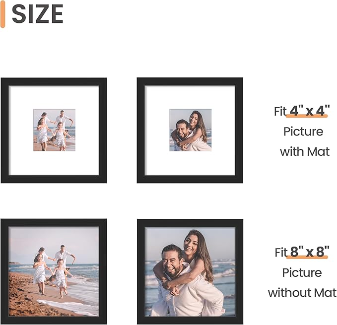 upsimples 8x8 Picture Frame, Display Pictures 4x4 with Mat or 8x8 Without Mat, Wall Hanging Photo Frame, Black, 1 Pack
