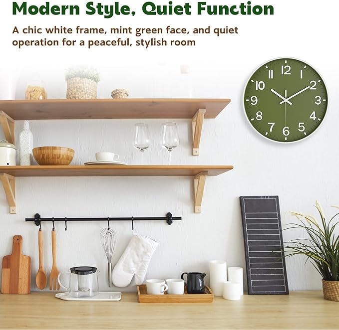 Silent Wall Clock Non-Ticking Battery Operated ?€? Modern Olive Green Analog Wall Clock for Living Room, Kitchen, Office, Bedroom ?€? Stylish Home Wall Decor Clock, 8 Inch
