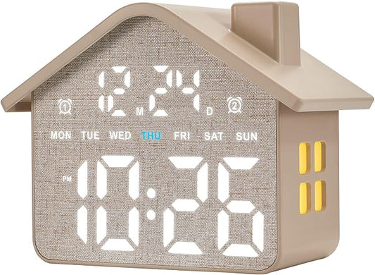 Plumeet Digital Alarm Clock, Bedroom Clock with Large Numbers, Date, Week, Dual Alarms, Dimmer and Ambient Light, House-Shaped Electric Bedside Desk Clock, Adapter Batteries Powered, Grey by Plumeet