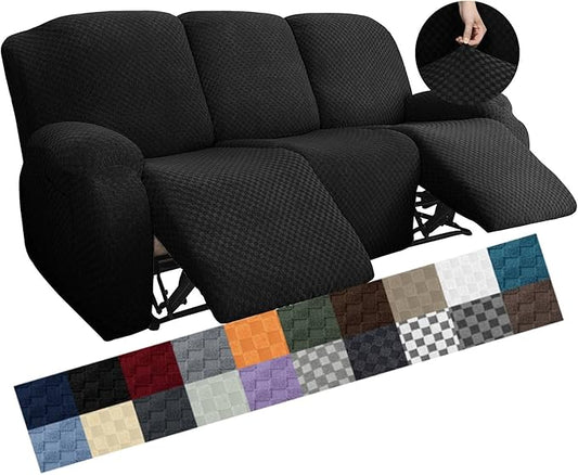 YEMYHOM 8 Pieces Stretch Recliner Sofa Cover Latest Jacquard Reclining Couch Cover with Side Pocket Anti-Slip Fitted 3 Cushion Furniture Slipcovers with Elastic Bottom (Sofa Recliner, Black), Large