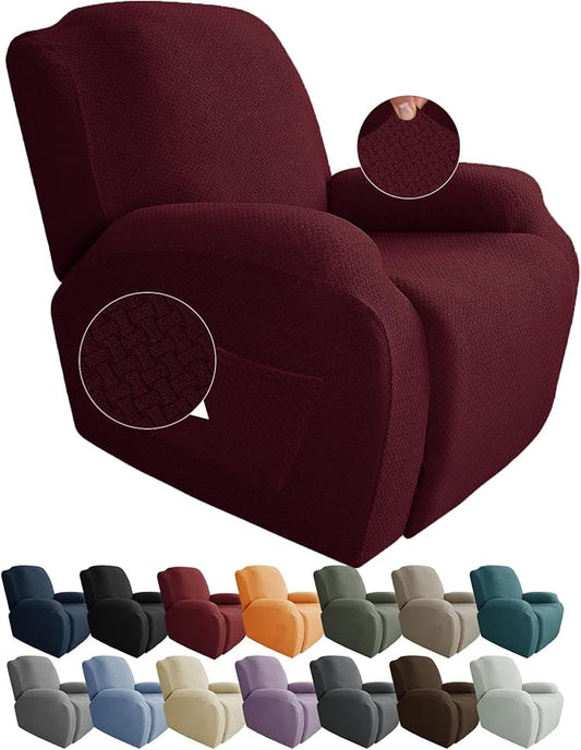 JIVINER Oversized Recliner Chair Covers 4 Piece Stretch Lazy Boy Recliner Sofa Slipcover Jacquard Large Recliner Covers with Elastic Bottom Soft Furniture Protector (XL Recliner,Wine Red)