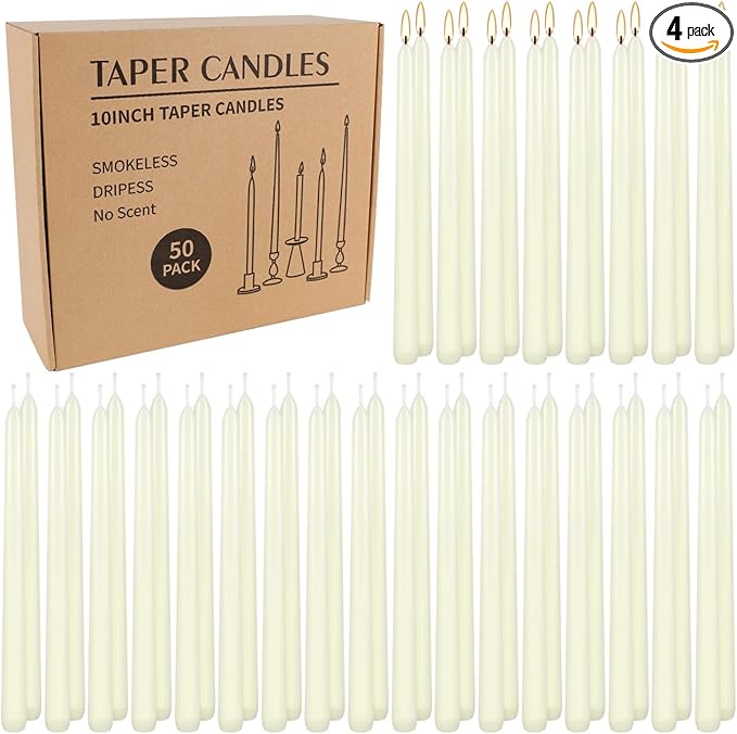 50 Pack Ivory Taper Candles 10 Inch - Classic Soft White Dinner Candles, Dripless Unscented Premium Wax with Cotton Wick, 8-Hour Burn Time for Wedding, Vintage & Formal Table Decor